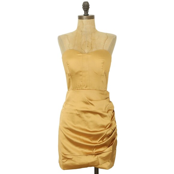 Naked Wardrobe The Statement Strapless Satin Gold Mini Dress S Ruched NWT B99 - Picture 1 of 6